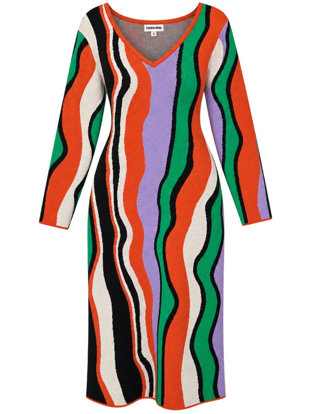 Fashion Nova Multicolor Wave V-Neck Long Sleeve Knit Dress